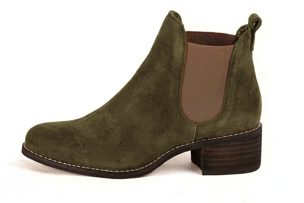Elevate your look with solid-color leather Chelsea boots featuring sleek elastic side panels and effortless Parisian elegance, in olive green and bronze leather with round toe and leather sole - Florence KOOIJMAN